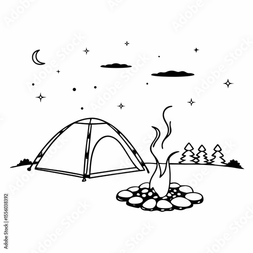 Minimalist Line Art Campfire & Tent Icon