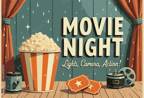 Vector illustration of a vintage popcorn box, perfect for movie nights, cinema snacks, theater design, and retro food concepts. Ideal for fast food, entertainment, and sweet snack promotions.

