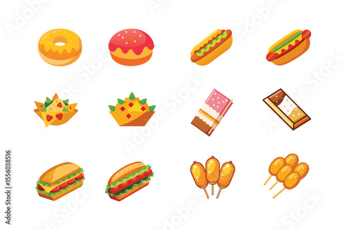 Group of flavorful fast food essentials and meals Color Vector illustration