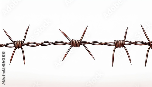 intertwined rusty barbed wire strands against white background symbolizing war boundaries, conflict barriers, oppression, and restriction in abstract closeup detail

