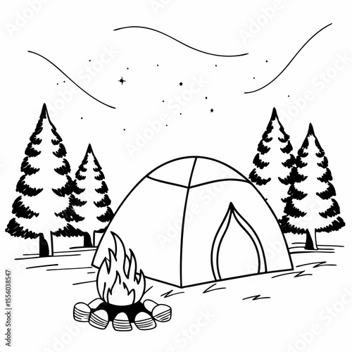 Minimalist Line Art Campfire & Tent Icon
