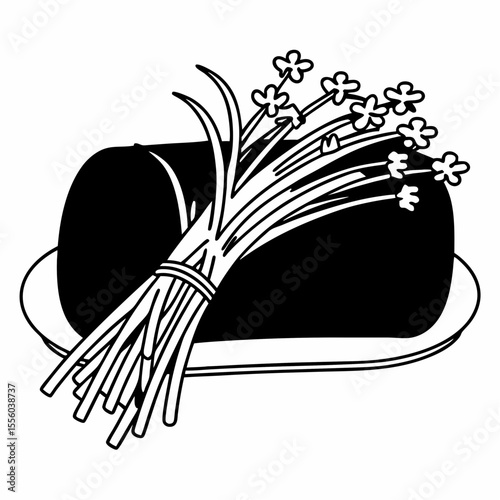Monochrome Illustration of Black Loaf Cake with Fresh Herbs on a White Plate for Cooking Concepts