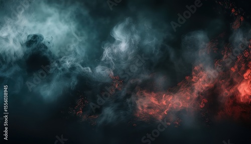 Fototapeta Naklejka Na Ścianę i Meble -  ominous dark war cloud with red embers and blue smoke swirling in chaos, symbolizing battlefield destruction, fiery aftermath, and storm of conflict in abstract motion

