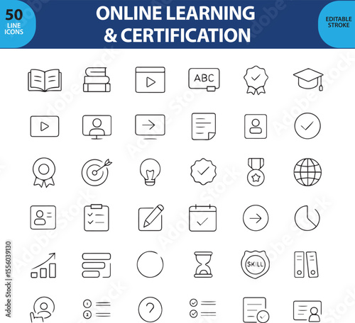 Online Learning and Certification Line Icons, Laptop, Diploma, Course Module, Graduation Cap, Badge, Webinar, Quiz, and More , Editable Formats: AI, EPS, JPG, PNG , Ideal for Both Digital and Print Us