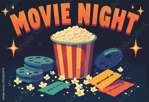 Vector illustration of a vintage popcorn box, perfect for movie nights, cinema snacks, theater design, and retro food concepts. Ideal for fast food, entertainment, and sweet snack promotions.

