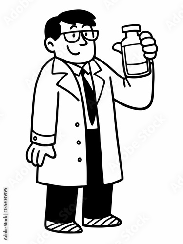 Scientist Holding a Laboratory Flask A Black and White Illustration