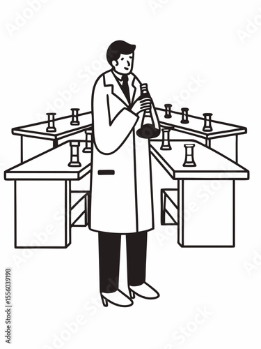 Scientist in Lab Coat Examining Flask Scientific Research Illustration