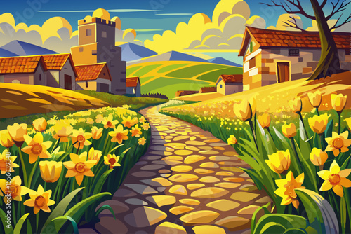vector of A field of yellow narcissus flowers, which is lively and among the flowers, beautiful cobblestones that shine in the sunlight, and at the end of it, a village can be seen.