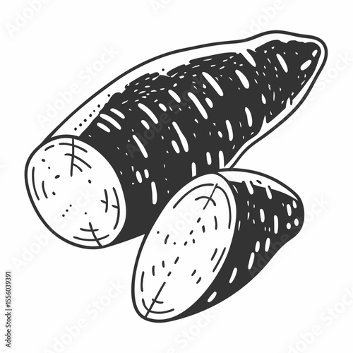Hand-Drawn Illustration of Sweet Potato  A Detailed Sketch of a Cut and Whole Tuber