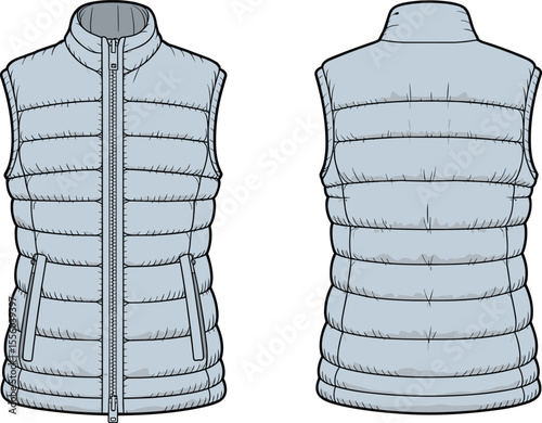 Unisex Puffer Vest Flat Sketch: Quilted Design with Stand Collar, Full Zipper, and Side Pockets, Technical Fashion Illustration Template