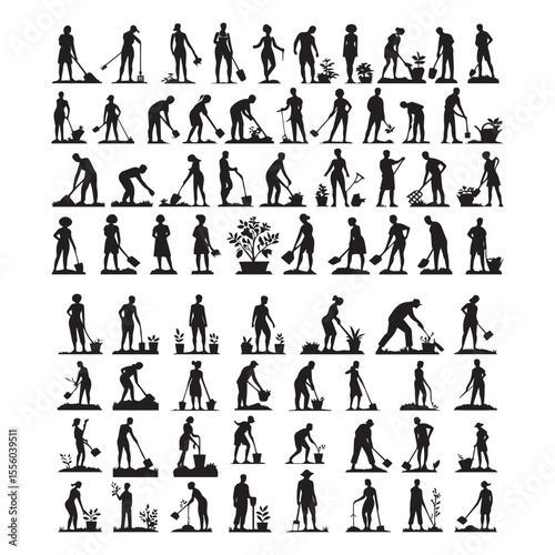 set of black various gardening people vector silhouettes isolated on white background