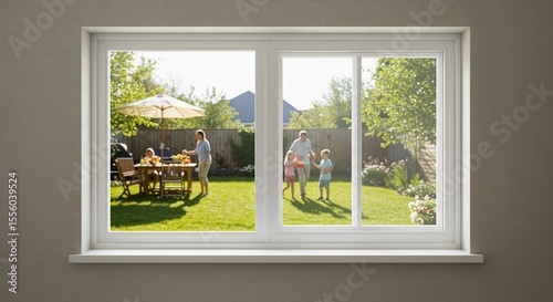 Family enjoying backyard view from inside through energy-efficient windows