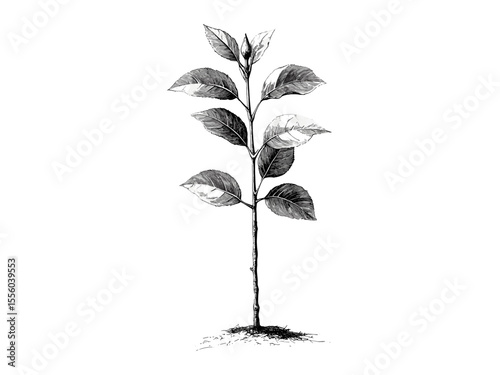 Vintage spring tree sapling engraving, hand-drawn seasonal growth, black sketch garden decor, old engraving style, rustic nature motif, trendy floral illustration, natural elements