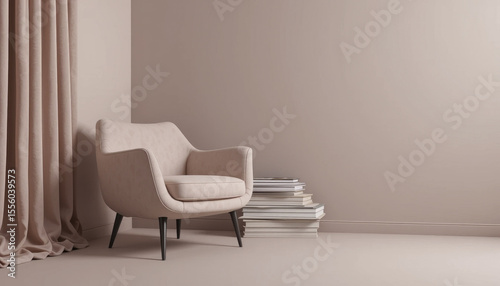 cozy beige armchair sits beside stack of books in minimalist room with soft lighting and neutral tones, creating serene and inviting atmosphere