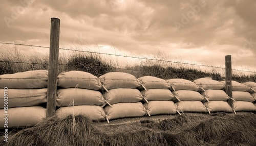 weathered sandbag fortification wall under cloudy wartime sky with dry grass and sepia tones, ideal for vintage war design, military history print, or graphic theme

