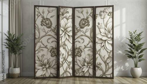 decorative room divider with floral patterns stands elegantly in bright room, flanked by two potted plants. intricate design adds touch of sophistication and natural beauty to space