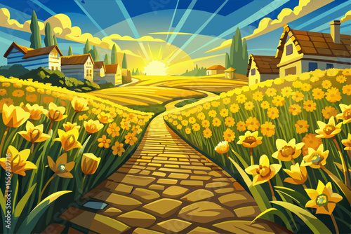 vector of A field of yellow narcissus flowers, which is lively and among the flowers, beautiful cobblestones that shine in the sunlight, and at the end of it, a village can be seen.