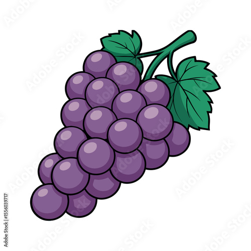 A Cartoon Grape Bunch Bursting with Purple Plumpness Fresh Green Leaves Attached to Stem Ready to Eat Delicious Fruit