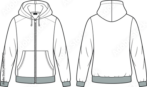 Modern Full-Zip Hoodie Flat Sketch: Sporty Design with Contrasting Ribbing, Kangaroo Pocket, and Drawstring Hood, Apparel Illustration