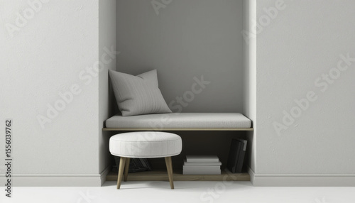 cozy minimalist nook with cushioned bench and pillow, accompanied by round ottoman, creates serene reading space. neutral tones and simple design evoke sense of calm