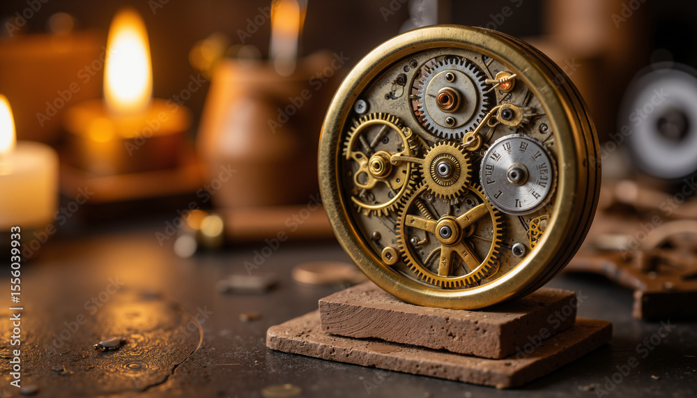 Obraz premium Antique clock mechanism displayed on a wooden base in Victorian workshop by candlelight 