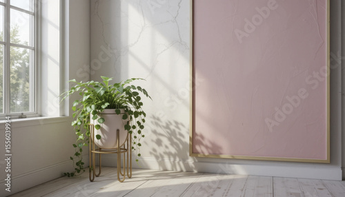 sunlit room features potted plant on stand beside large pink framed artwork, creating serene and minimalist atmosphere. light wooden floor enhances airy feel