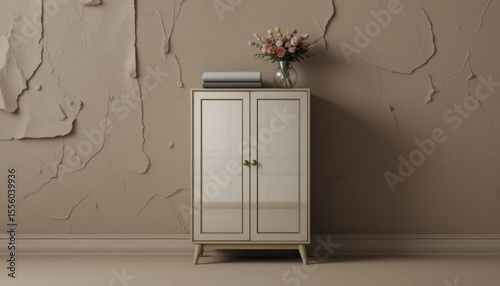 vintage wooden cabinet with glass doors stands against textured, peeling wall. vase with flowers and folded blanket rest on top, creating cozy, rustic atmosphere