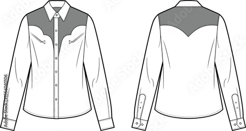Western-Inspired Women's Button-Up Shirt Flat Sketch: Classic Cowboy Yoke, Long Sleeves, and Snap Buttons, Fashion Apparel Design Template