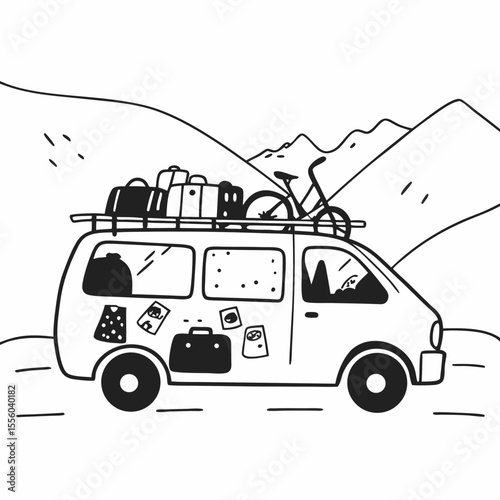 Minimalist Road Trip Van Line Art Icon