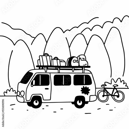 Minimalist Road Trip Van Line Art Icon