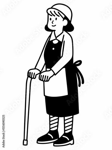 Elderly Woman Shopkeeper with Cane Illustration of a Kind and Helpful Senior