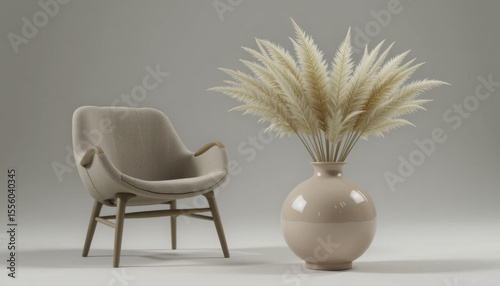 modern beige armchair sits beside large ceramic vase filled with pampas grass, creating minimalist and elegant interior design. neutral tones evoke sense of calm and sophistication