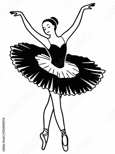 Elegant Ballerina in Classic Tutu Black and White Line Art Illustration