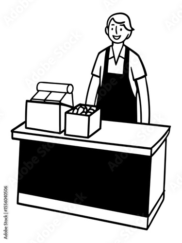 Friendly Shopkeeper Behind Counter, Retail Illustration