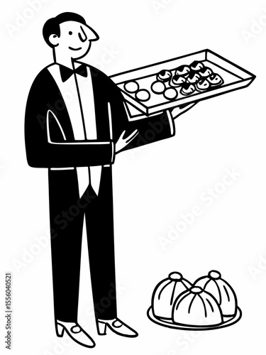 Elegant Waiter Serving Delicious Food and Pastry on a Tray