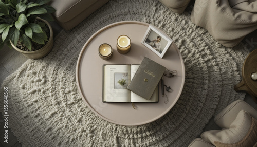 cozy living room scene features round coffee table with open book, closed journal, two lit candles, and framed photo, all set on textured rug. potted plant adds touch of greenery