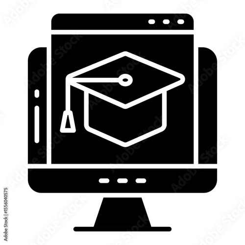 Mortarboard inside monitor, icon of online education