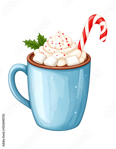 A mug of hot chocolate topped with whipped cream, marshmallows, and a candy cane. Cute Christmas clipart with transparent background.  