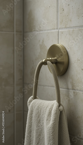 beige towel hangs on brass towel ring mounted on tiled bathroom wall, creating minimalist and elegant atmosphere. neutral tones and simple design evoke sense of calm and sophistication