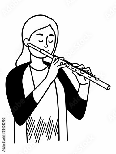 Woman Playing Flute Line Art Illustration of a Musician
