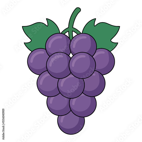 A Cartoon Bunch of Grapes with a Green Stem and Two Green Leaves with Black Outlines Around the Shape