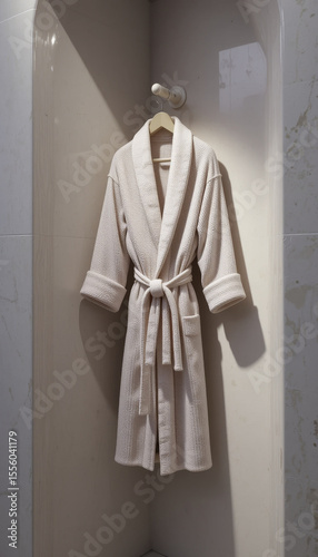 cozy white bathrobe hangs invitingly in marble tiled shower, illuminated by soft lighting. robe texture and elegant design create sense of luxury and relaxation