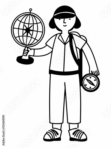 Adventurous Female Explorer with Globe and Compass Illustration