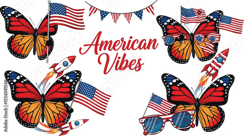 Patriotic butterflies with american flags rockets and sunglasses for fourth of july celebration design