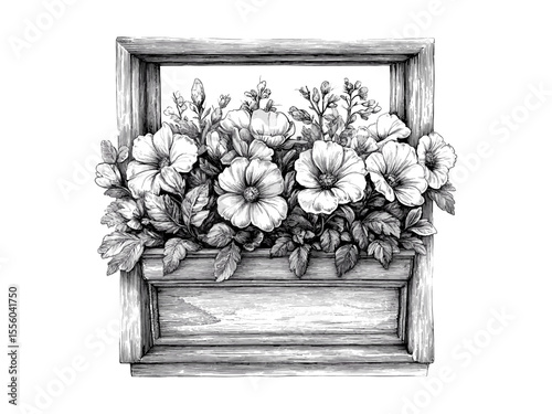 Vintage springtime illustration, floral window box engraving, seasonal garden decor, hand-drawn black sketch, trendy rustic motif, old engraving style, farmhouse floral design, spring blossom art