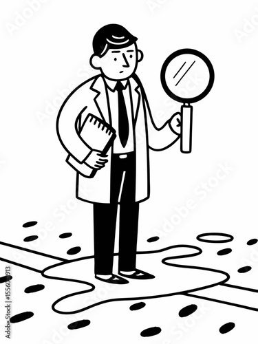 Scientist Investigating a Mysterious Puddle A Black and White Illustration