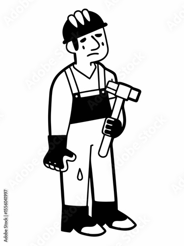 Sad Construction Worker Illustration Black and White Line Art