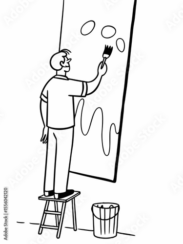 Man Painting on Canvas A Black and White Illustration
