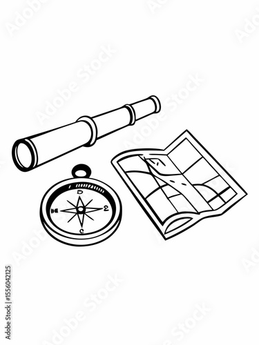Vintage Illustration of Navigation Tools Spyglass, Compass, and Map