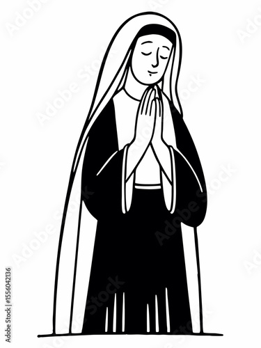Serene Nun in Prayer A Black and White Illustration